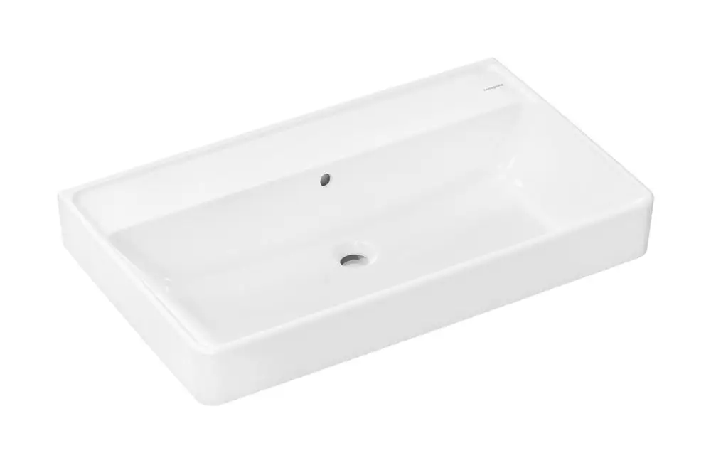 Weißer Waschtisch ohne Hahnloch und mit Überlauf, rechteckige Form, klare Linien, geeignet für die Installation in modernen Badezimmern, hergestellt von Hansgrohe.